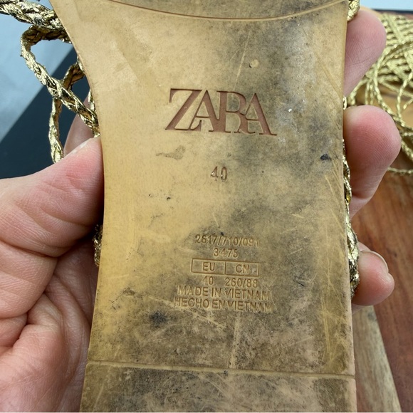 Zara Gold Gladiator Sandals braided straps sz 40 US 9.5 ankle tie - Picture 5 of 6